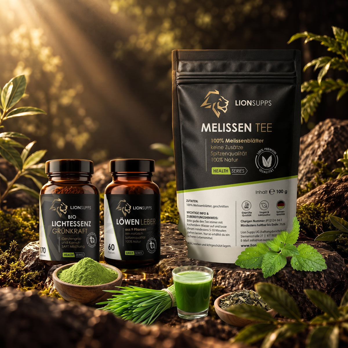 Lion Supps Grüner Start Bundle: Bio Lichtessenz Grünkraft, Löwen Leber Komplex und Melissen Tee