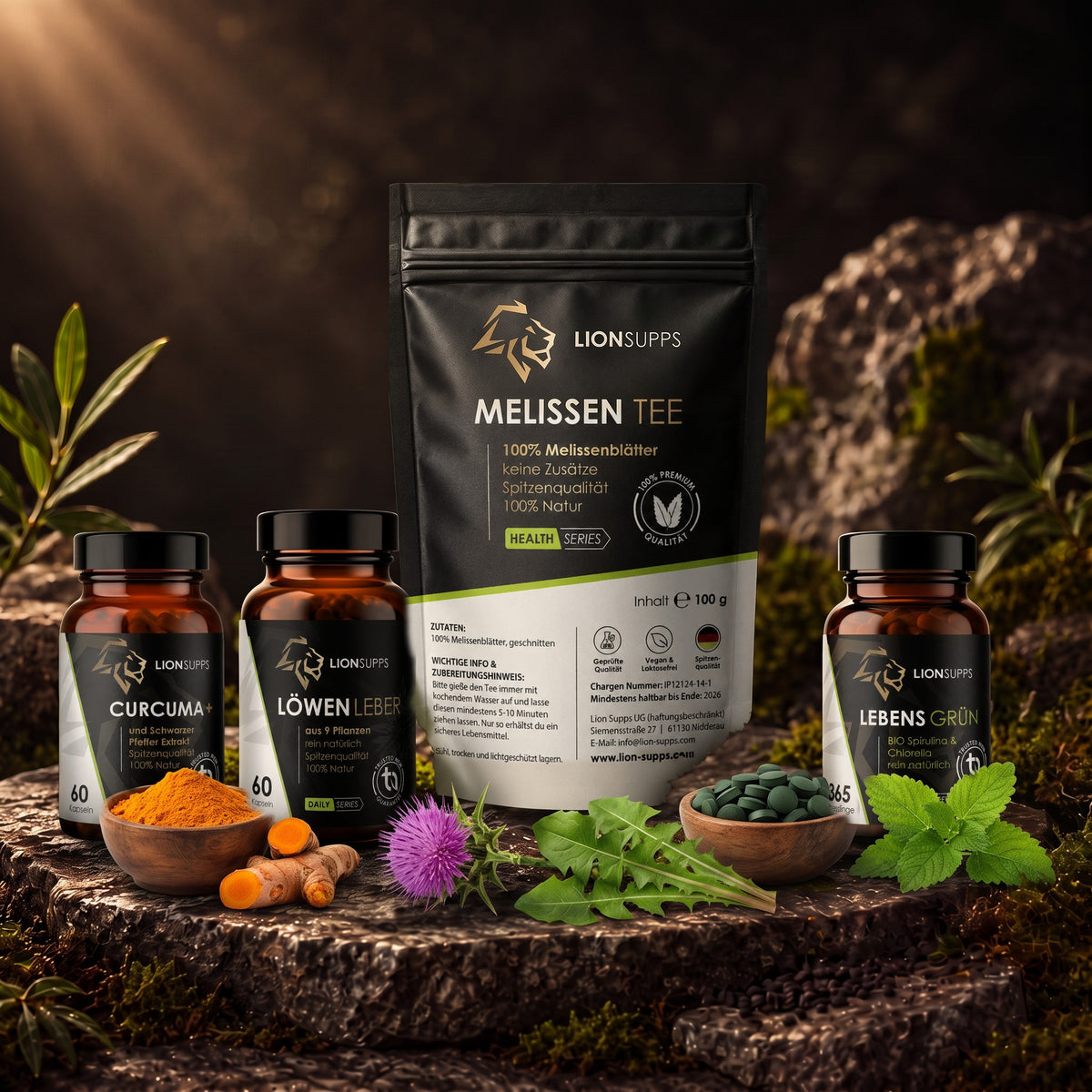 Lion Supps Leber-Set Bundle: Curcuma+, Löwen Leber Komplex, Lebensgrün und Melissen Tee