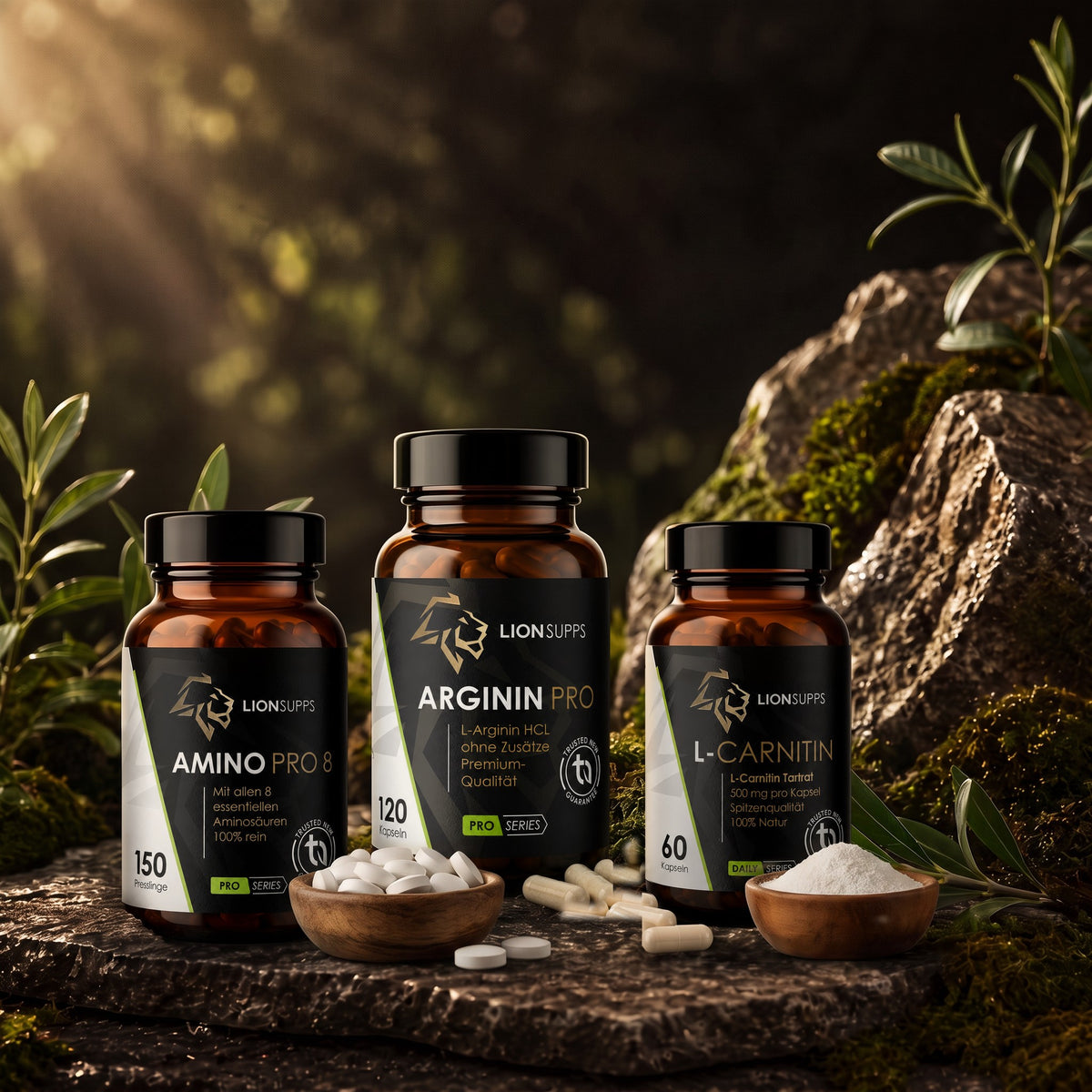 Lion Supps Trainings-Stack Bundle: Amino Pro 8, L-Arginin und L-Carnitin 500 Carnipure