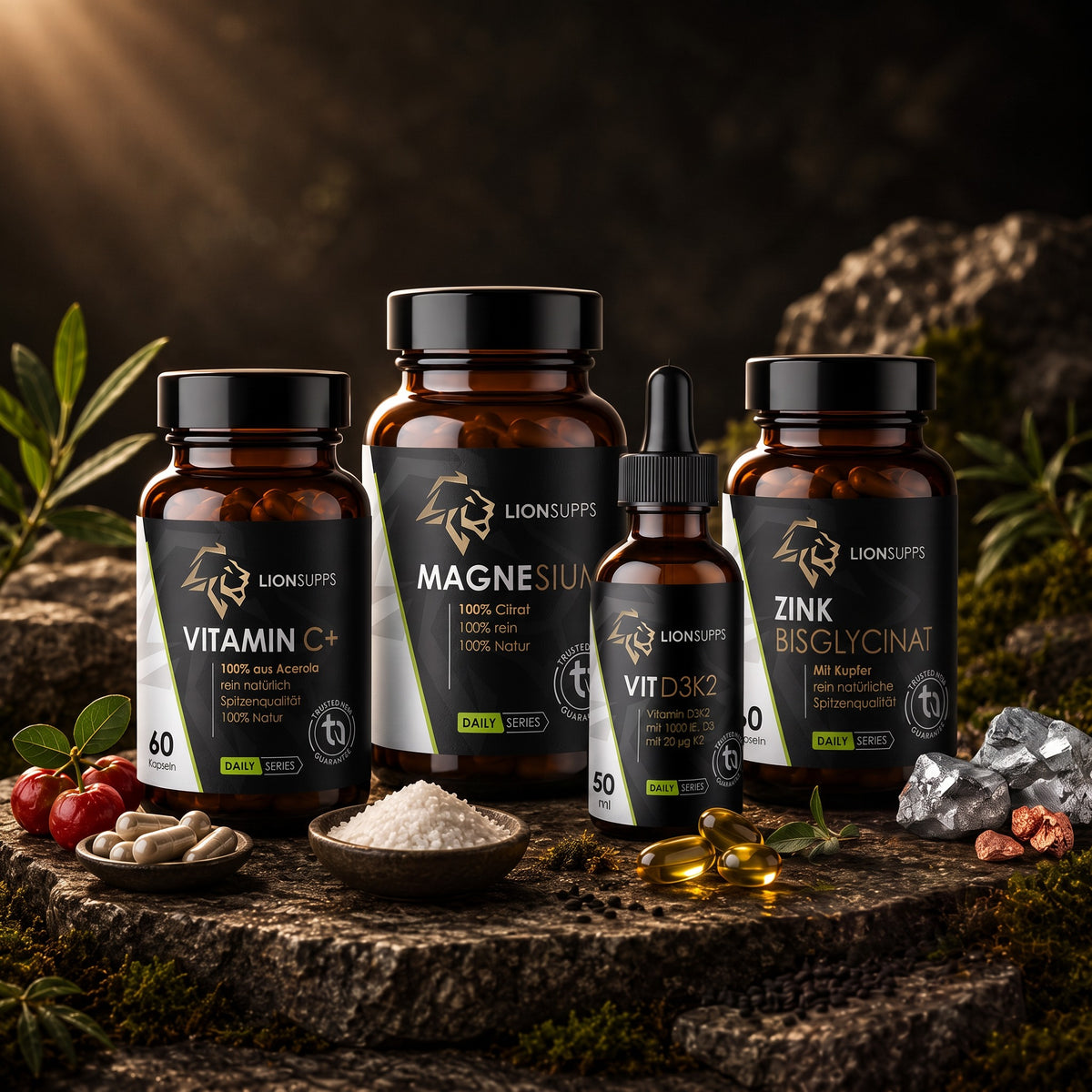 Immun Bundle von Lion Supps – Vitamin C Acerola, Vitamin D3K2, Magnesium Citrat und Zink Bisglycinat